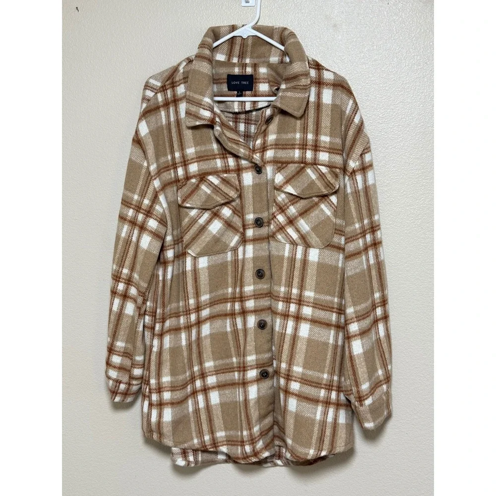 Love Tree Tan White Plaid Button Front Shacket Shirt Jacket Large 80073JY